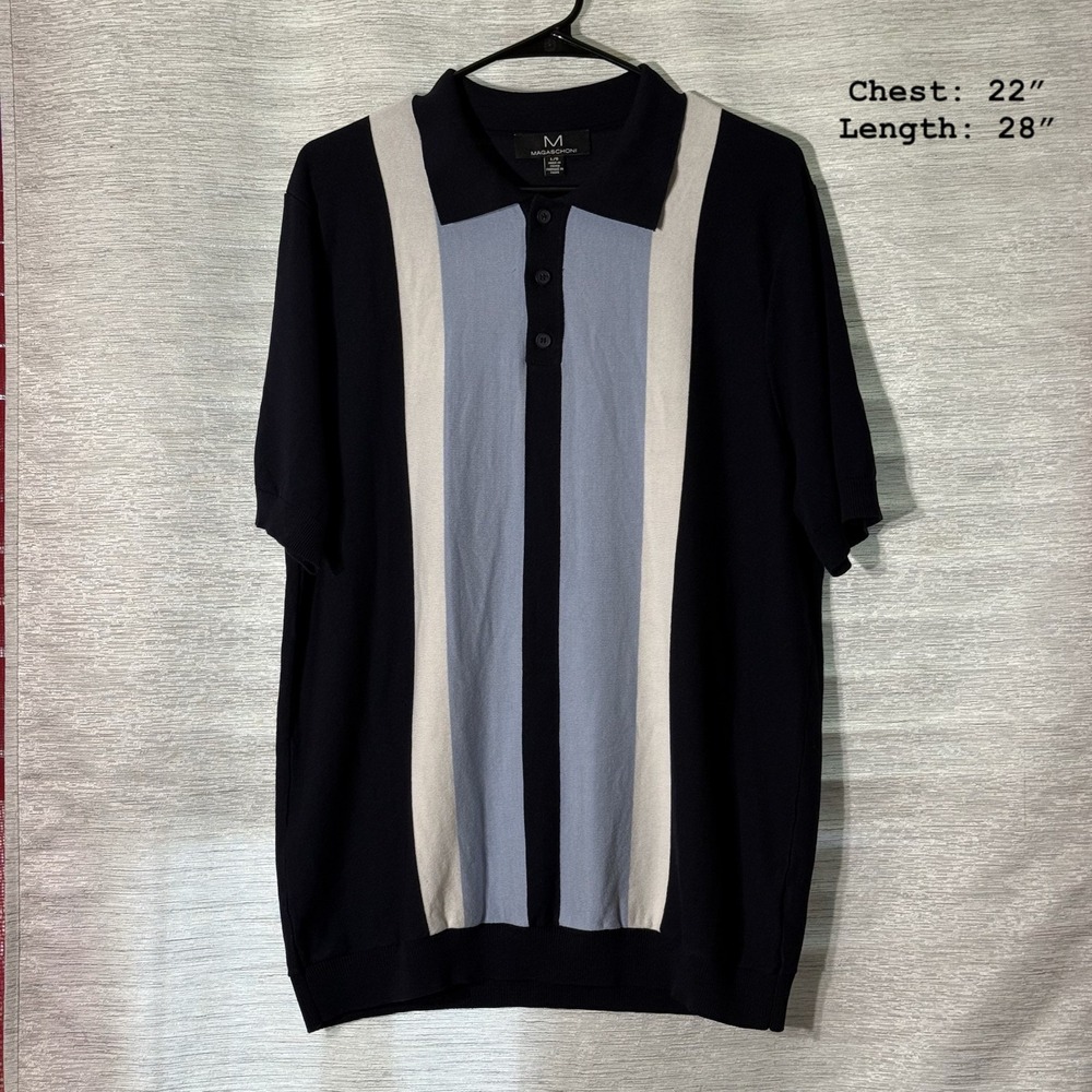 Magaschoni Mens Knit Polo Shirt‎ Block Stripe Short Sleeve Casual Large Retro